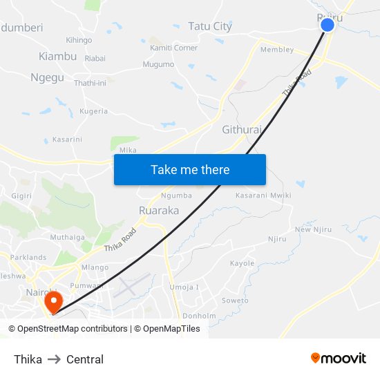 Thika to Central map