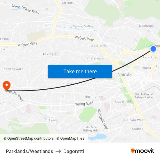 Parklands/Westlands to Dagoretti map