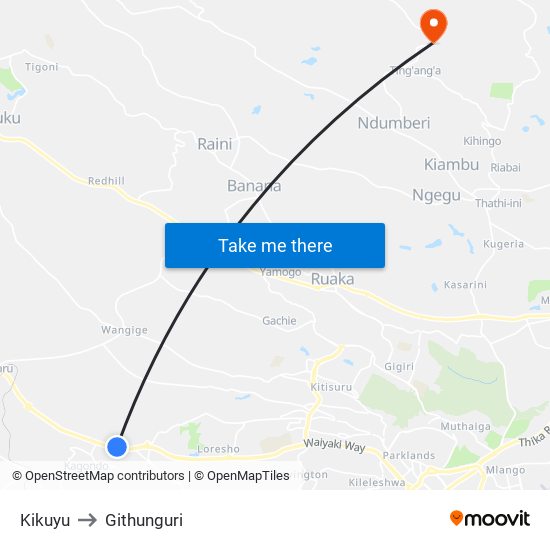 Kikuyu to Githunguri map