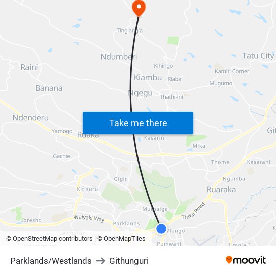 Parklands/Westlands to Githunguri map