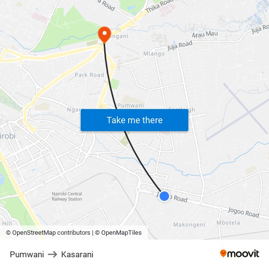 Pumwani to Kasarani map