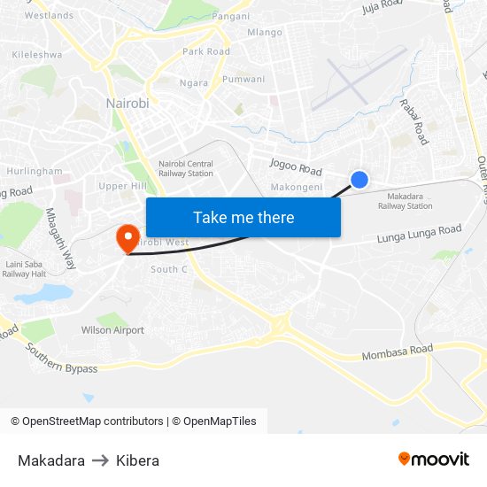 Makadara to Kibera map