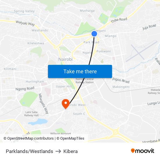 Parklands/Westlands to Kibera map