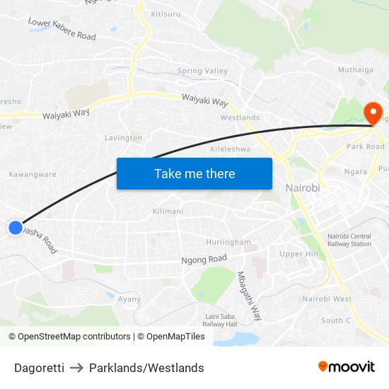 Dagoretti to Parklands/Westlands map