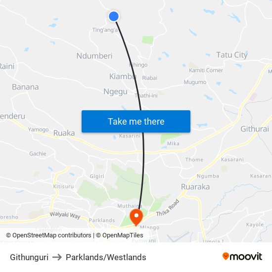 Githunguri to Parklands/Westlands map