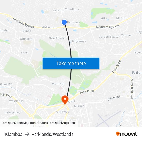 Kiambaa to Parklands/Westlands map