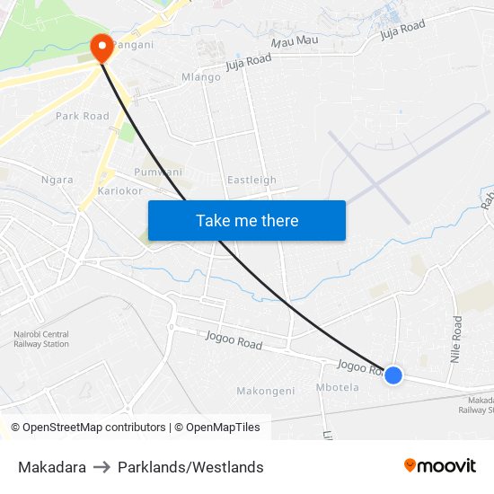 Makadara to Parklands/Westlands map