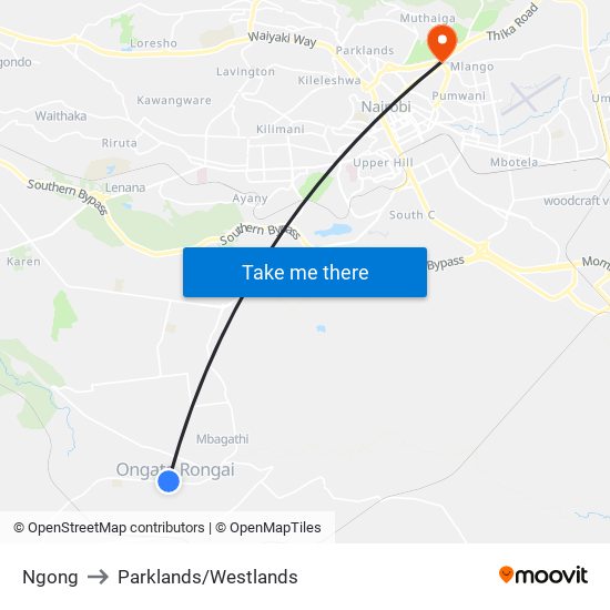 Ngong to Parklands/Westlands map