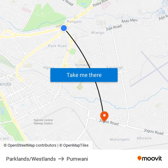 Parklands/Westlands to Pumwani map