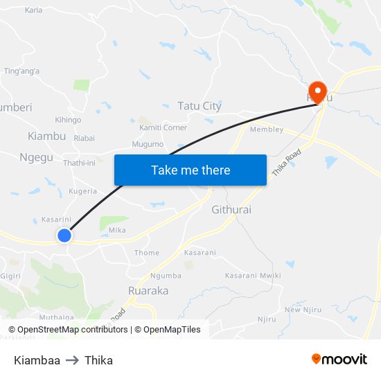 Kiambaa to Thika map