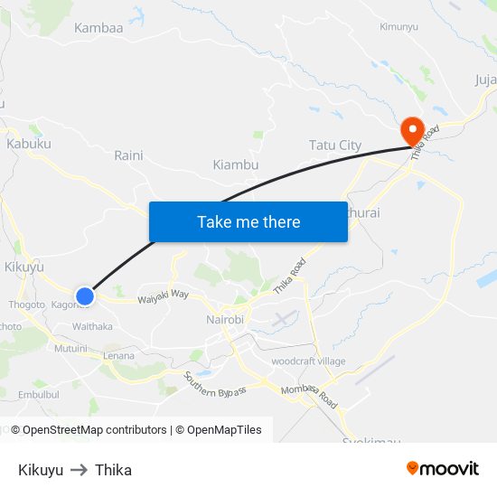 Kikuyu to Thika map