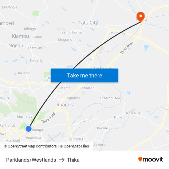 Parklands/Westlands to Thika map