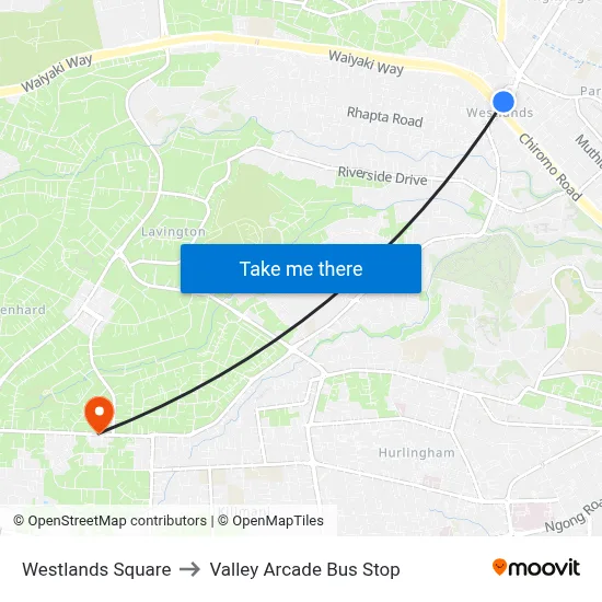 Westlands Square to Valley Arcade Bus Stop map