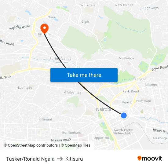 Tusker/Ronald Ngala to Kitisuru map