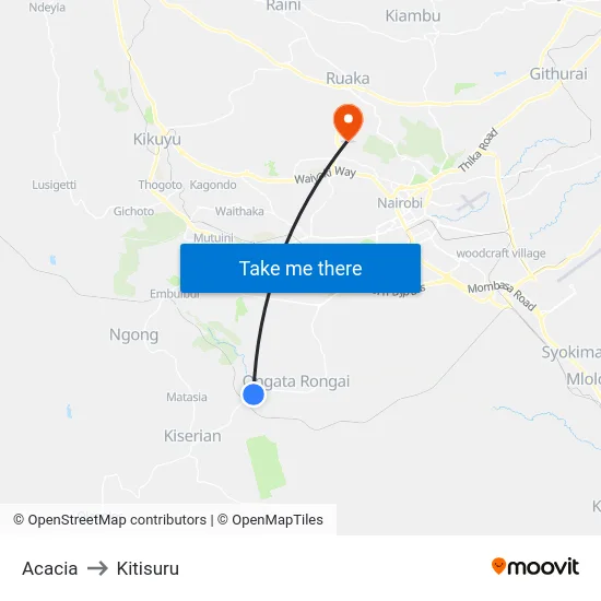 Acacia to Kitisuru map