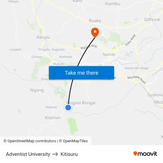 Adventist University to Kitisuru map