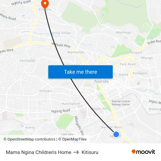 Mama Ngina Children's Home to Kitisuru map