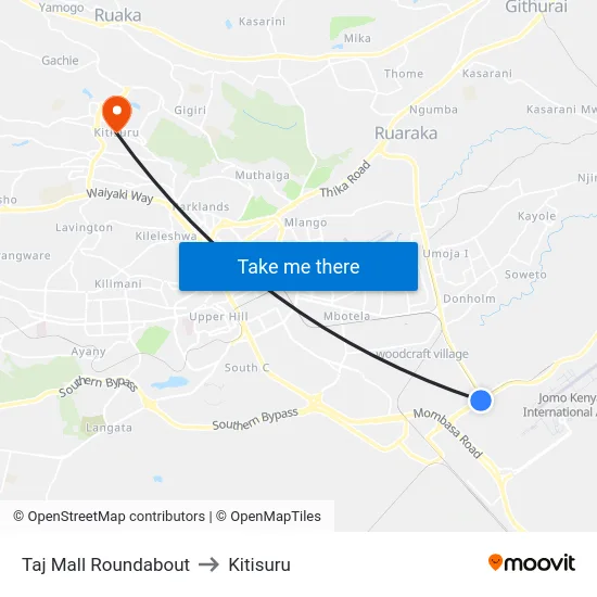 Taj Mall Roundabout to Kitisuru map