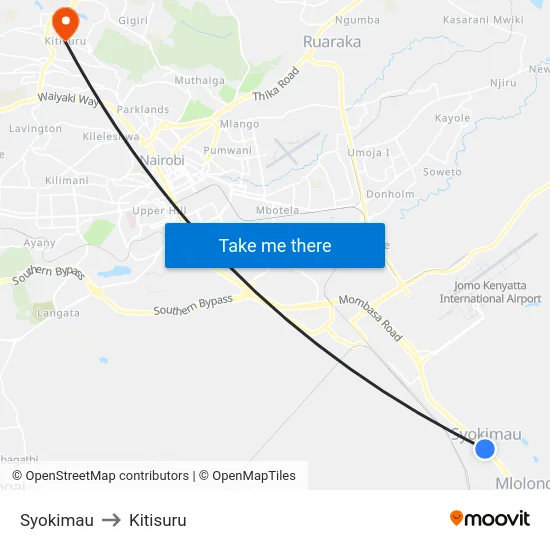 Syokimau to Kitisuru map