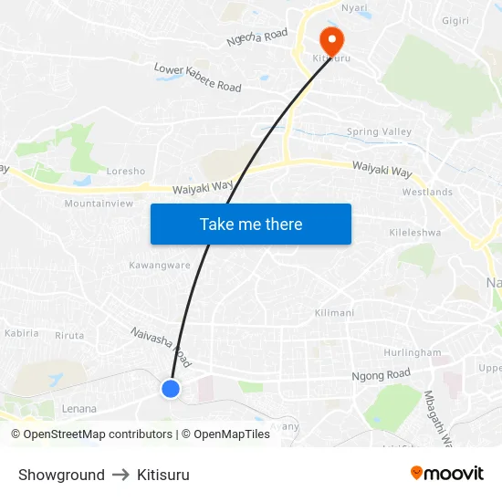 Showground to Kitisuru map