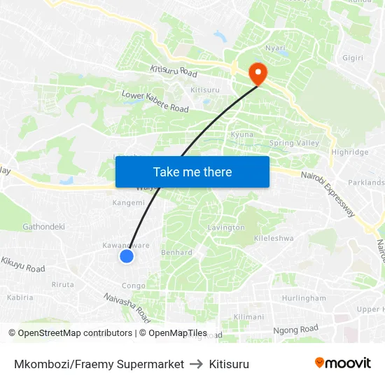 Mkombozi/Fraemy Supermarket to Kitisuru map