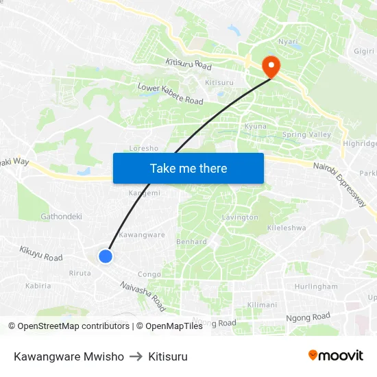 Kawangware Mwisho to Kitisuru map