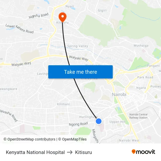 Kenyatta National Hospital to Kitisuru map