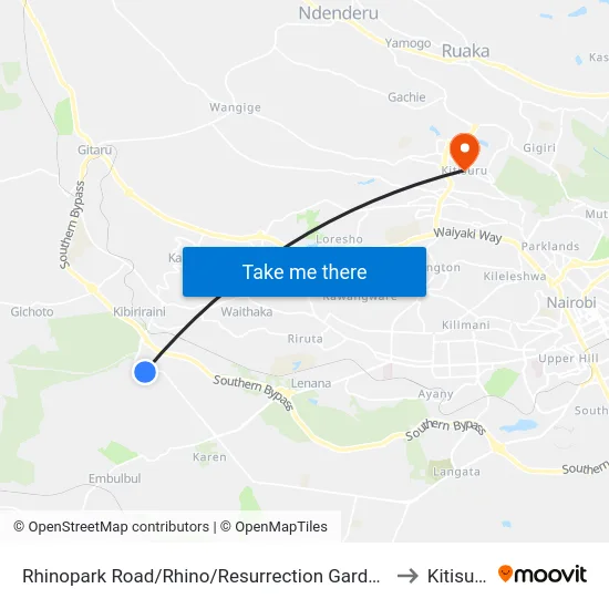 Rhinopark Road/Rhino/Resurrection Gardens to Kitisuru map