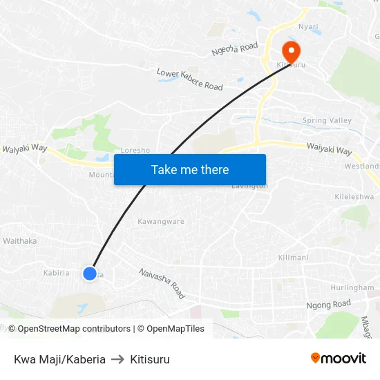 Kwa Maji/Kaberia to Kitisuru map