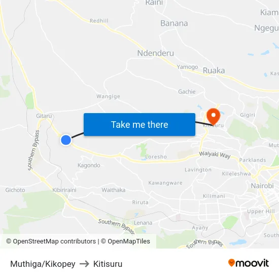Muthiga/Kikopey to Kitisuru map