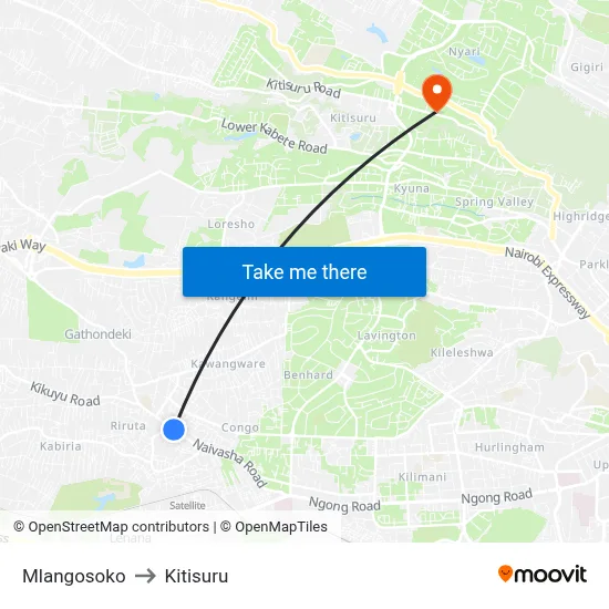 Mlangosoko to Kitisuru map