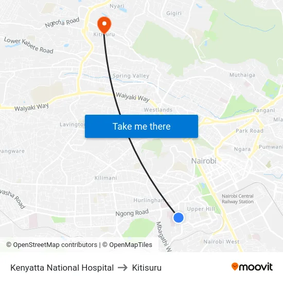 Kenyatta National Hospital to Kitisuru map