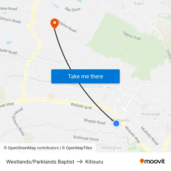 Westlands/Parklands Baptist to Kitisuru map