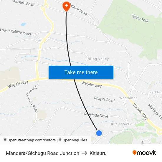 Mandera/Gichugu Road Junction to Kitisuru map
