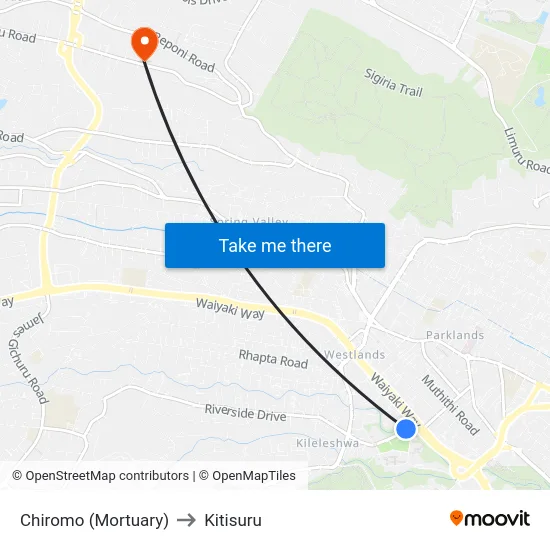 Chiromo (Mortuary) to Kitisuru map
