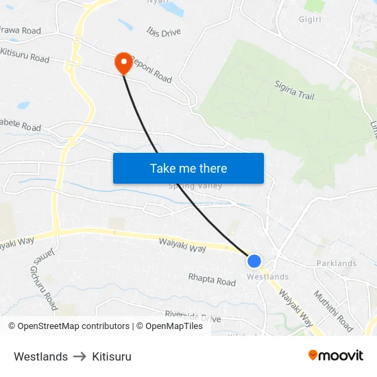 Westlands to Kitisuru map