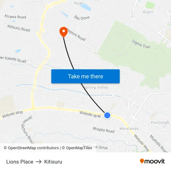 Lions Place to Kitisuru map