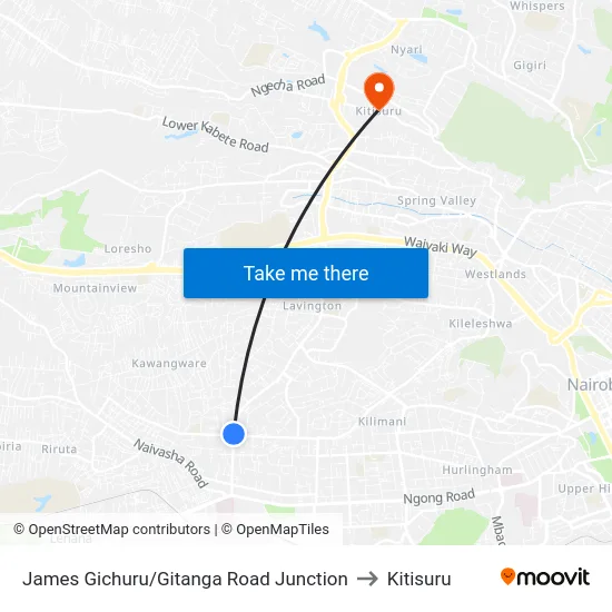 James Gichuru/Gitanga Road Junction to Kitisuru map