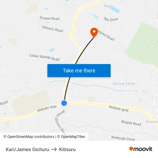 Kari/James Gichuru to Kitisuru map