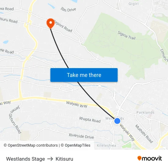 Westlands Stage to Kitisuru map