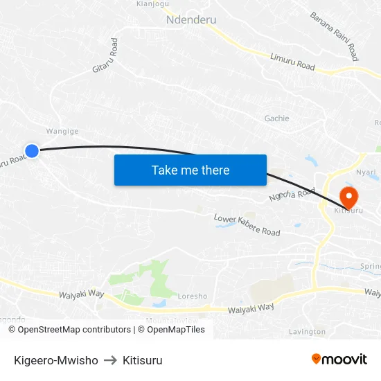 Kigeero-Mwisho to Kitisuru map