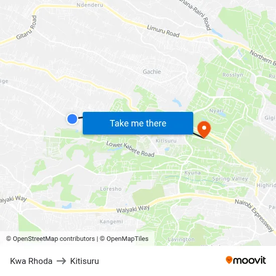 Kwa Rhoda to Kitisuru map