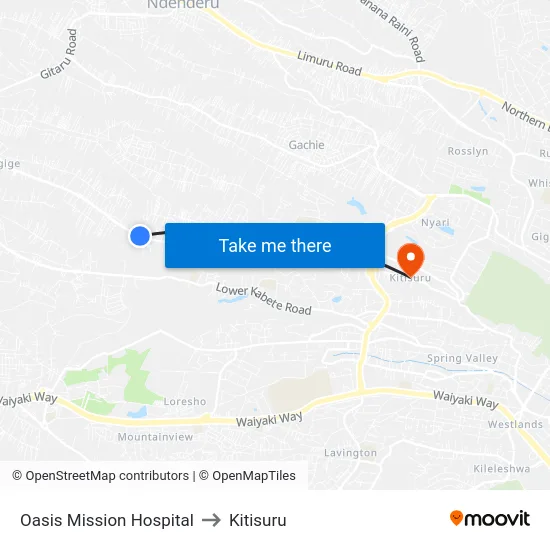 Oasis Mission Hospital to Kitisuru map