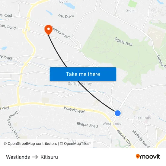 Westlands to Kitisuru map