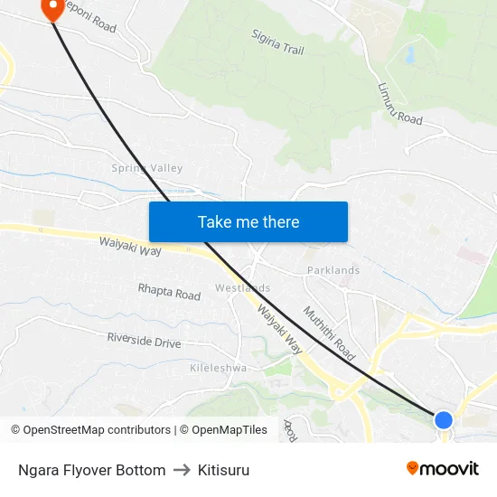 Ngara Flyover Bottom to Kitisuru map