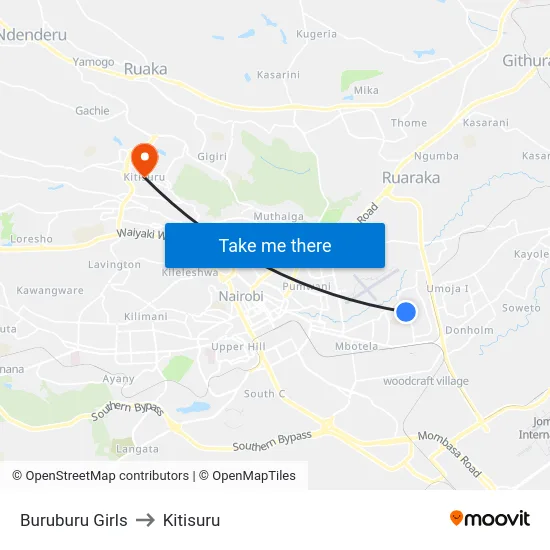 Buruburu Girls to Kitisuru map