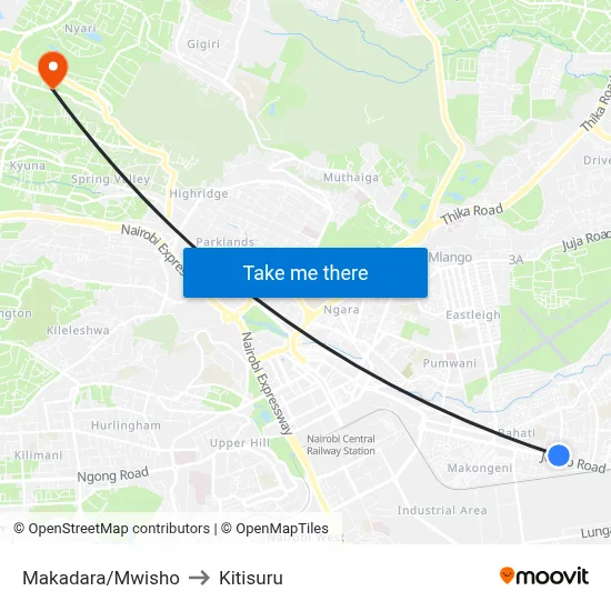 Makadara/Mwisho to Kitisuru map
