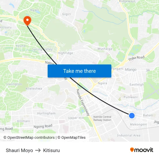 Shauri Moyo to Kitisuru map