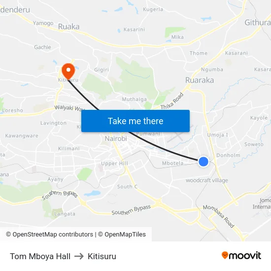 Tom Mboya Hall to Kitisuru map