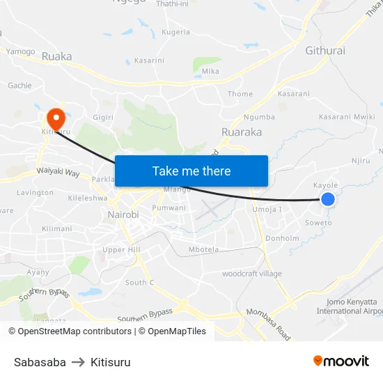 Sabasaba to Kitisuru map